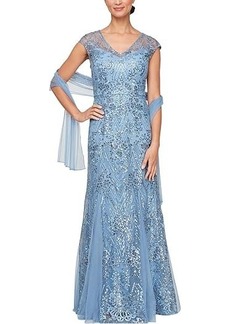 Alex Evenings Long Embroidered Fit and Flare Gown