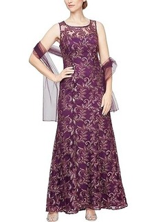 Alex Evenings Long Embroidered Gown with Sweetheart Illusion Neckline and Chiffon Shawl