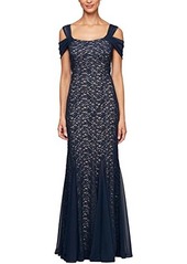 Alex Evenings Long Fit-and-Flare Cold-Shoulder Dress