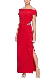 Alex Evenings Long Matte Jersey Off The Shoulder Gown with Hip Embellishment