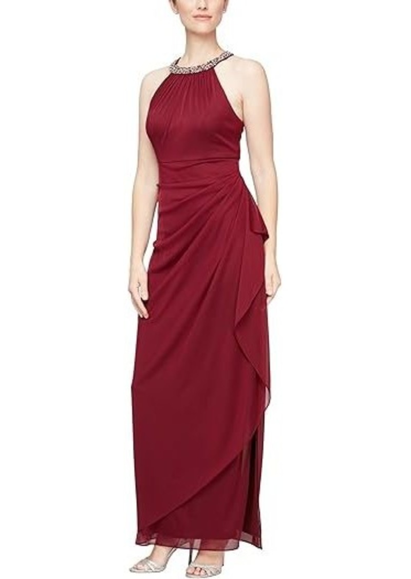 Alex Evenings Long Mesh Dress w/Beaded Halter Neckline & Cascade Ruffle