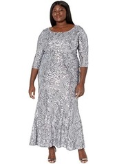 Alex Evenings Long Scoop Neck Dress with 3/4 Sleeves and Sequin Detail