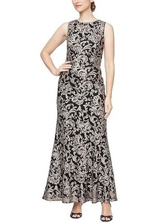 Alex Evenings Long Sequins Embroiderd Dress with Illusion Neckline and Fit and Flare Skirt