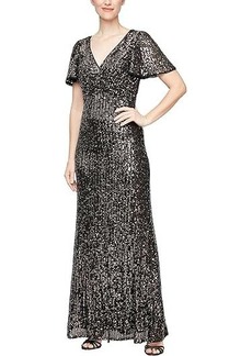 Alex Evenings Long Sequins Gown with Flutter Sleeves and Front Knot Detail