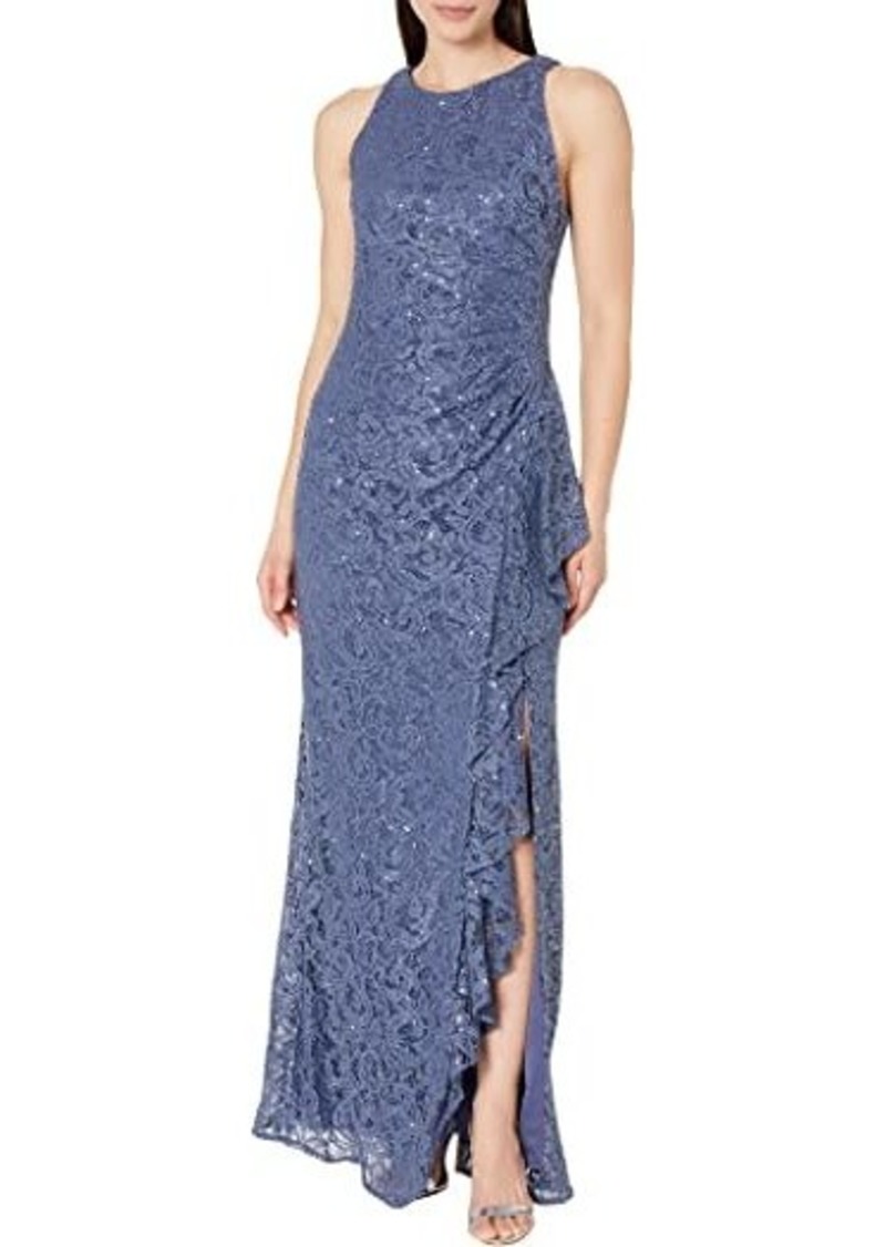 Alex Evenings Long Sleeveless Dress with Cascade Ruffle Detail and Front Slit