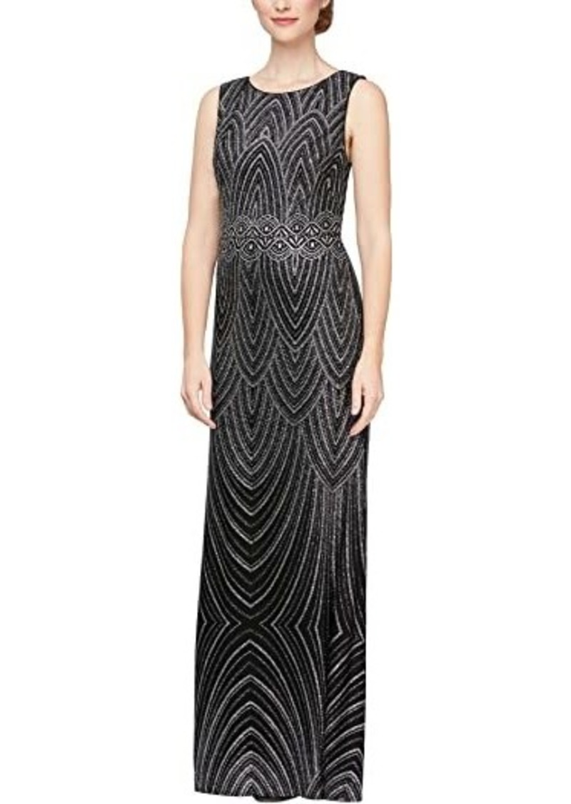 Alex Evenings Long Sleeveless Dress with Patterned Glitter Detail