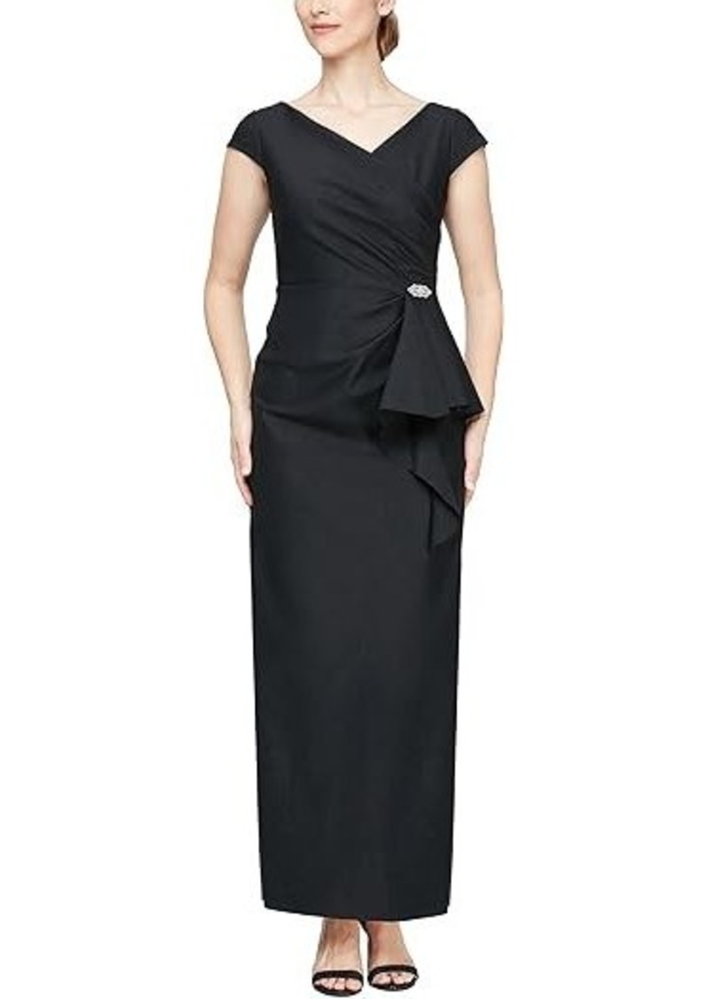 Alex Evenings Long Stretch Scuba Dress with Front Cascade Detail and Surplice Neckline with Cap Sleeves
