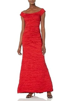 Alex Evenings Long Stretch Taffeta Dress with Fishtail Skirt and Off the Shuolder