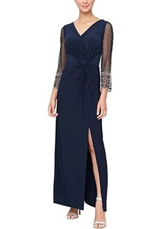 Alex Evenings Long Surplice Neckline Dress w/ Embellished Illusion Sleeves, Knot Front