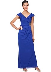 Alex Evenings Long Surplice Neckline Dress with Pleated Detail Bodice Embellishment at Hip