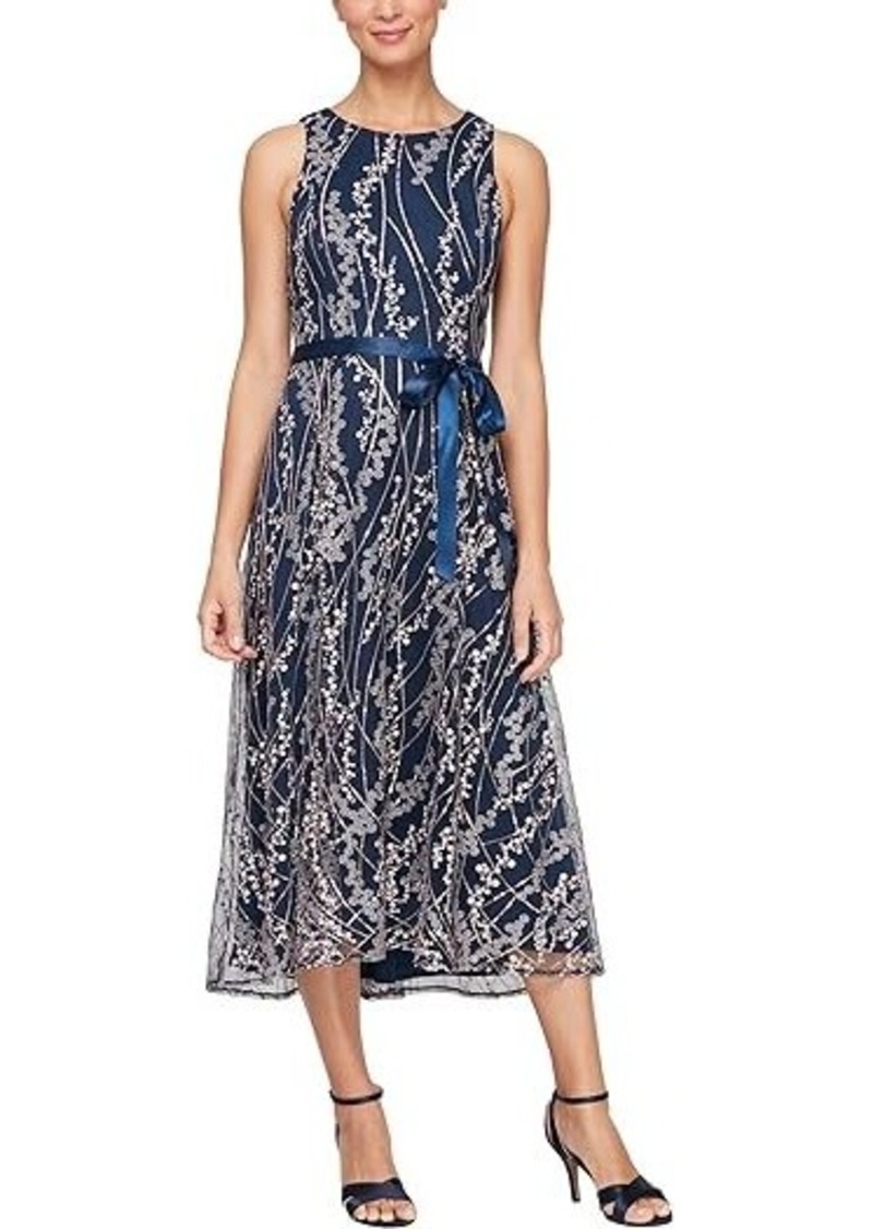 Alex Evenings Midi Length Embroidered Dress with Satin Tie Belt