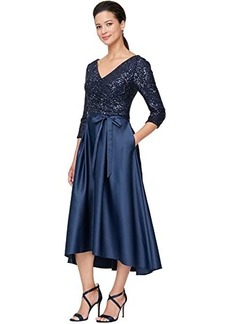 Alex Evenings Midi Length Party Dress with Surplice Neckline, Tie Belt and Full Skirt