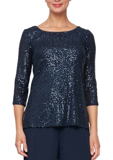 Alex Evenings Sequin 3/4 Sleeve Blouse With Side Slit Detail In Navy