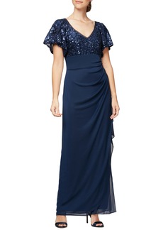 Alex Evenings Sequin Lace & Ruched Chiffon Gown in Navy at Nordstrom