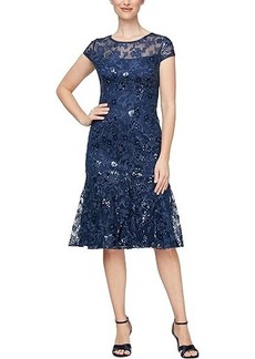 Alex Evenings Short Embroidered Dress with Flounce Detail Skirt and Cap Sleeves
