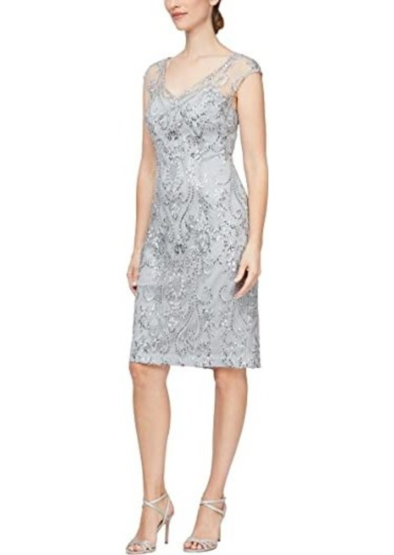 Alex Evenings Short Embroidered Dress with Illusion Neckline