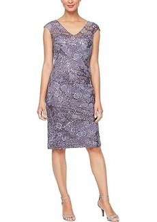 Alex Evenings Short Embroidered Sheath Dress with Cap Sleeves and V-Neckline