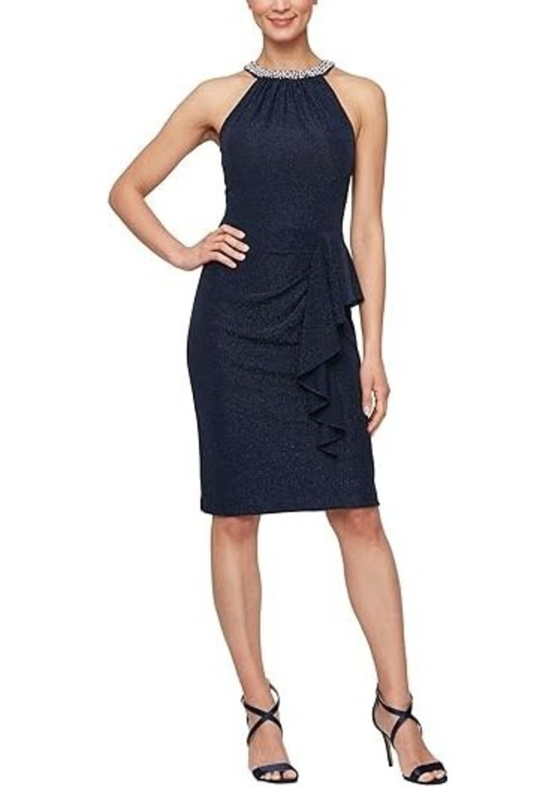 Alex Evenings Short Metallic Knit Dress with Beaded Neckline Dark