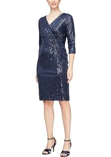 Alex Evenings Short Sheath Sequin Dress with Knot Front Detail and 3/4 Sleeves