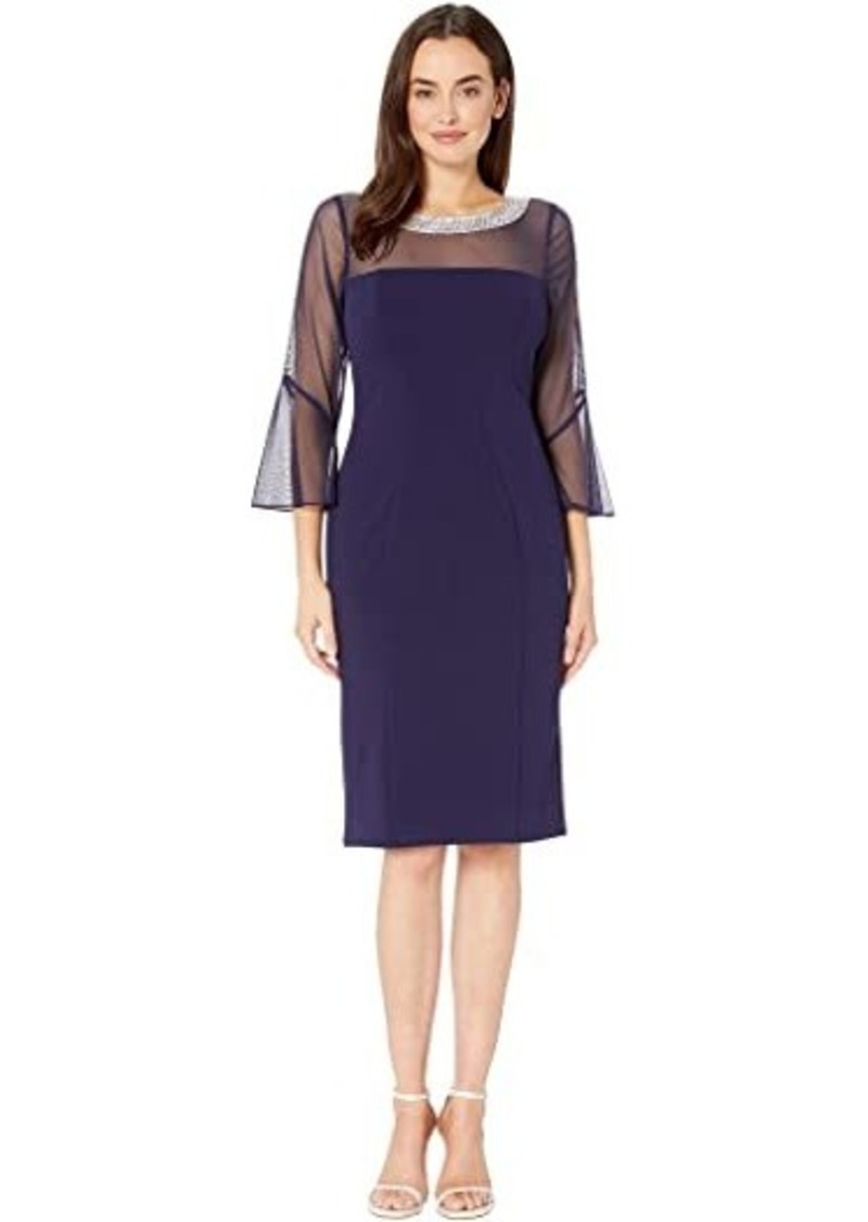 Alex Evenings Short Shift Dress with Beaded Illusion Neckline and Bell Sleeves