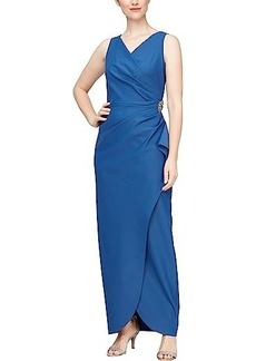 Alex Evenings Slimming Long Side Ruched Dress with Cascade Ruffle Skirt