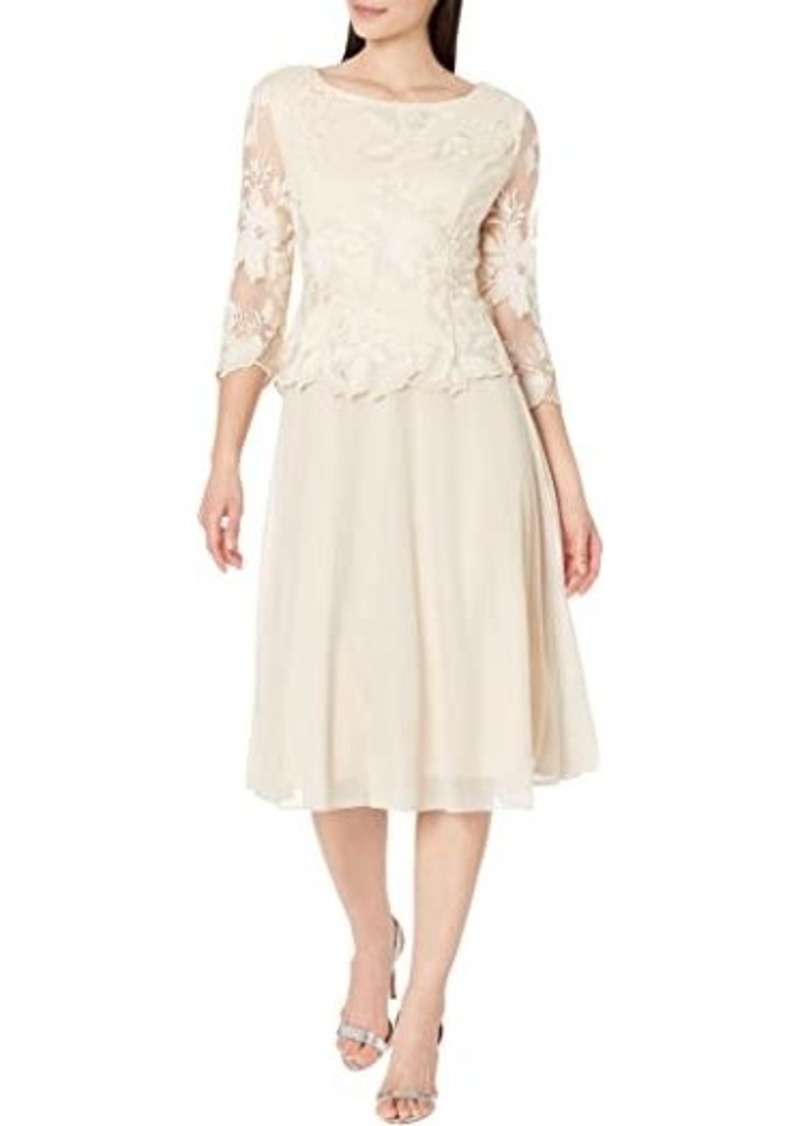 Alex Evenings Tea Length Embroidered Dress with Illusion Sleeve and Scallop Detail Full Skirt