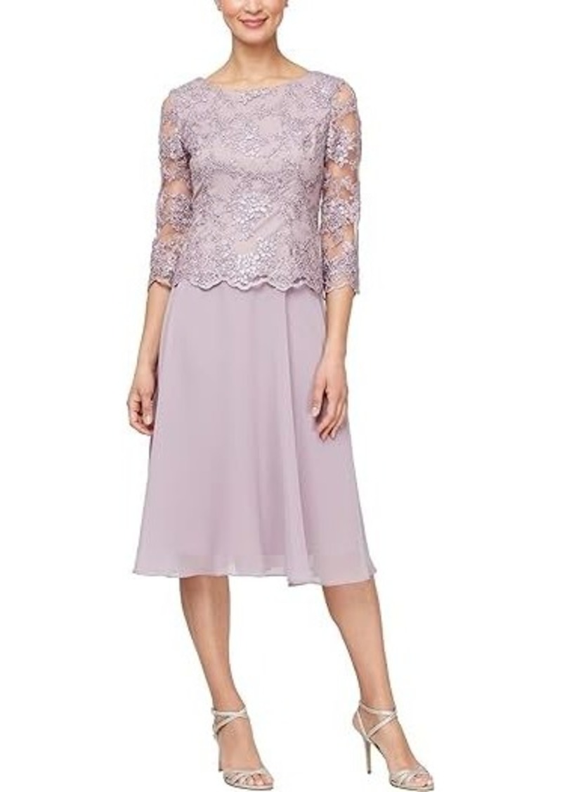 Alex Evenings Tea Length Embroidered with Full Skirt
