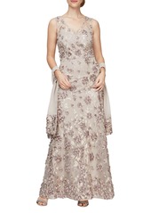 Alex Evenings 3D Rosette Gown with Shawl