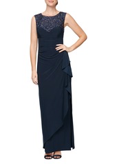 Alex Evenings Embroidered Side Ruched Gown in Navy at Nordstrom
