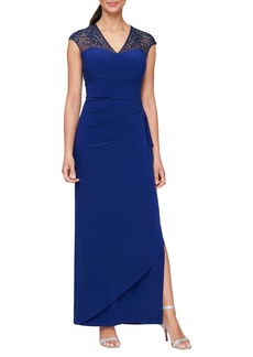 Alex Evenings Illusion Lace Bead Detail Matte Jersey Gown in Royal at Nordstrom