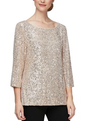 Alex Evenings Womens Sequined 3/4 Sleeve Blouse