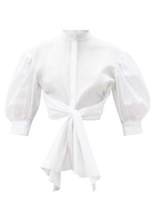 Alexander Mcqueen - Puff-sleeve Tie-waist Cotton-poplin Cropped Shirt - Womens - White