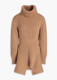 Alexander McQueen - Ribbed wool and cashmere-blend peplum turtleneck sweater - Brown - S