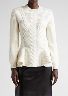 Alexander McQueen Cable Knit Wool & Cashmere Rib Peplum Sweater