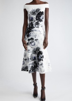 Alexander McQueen Chiaroscuro Floral Jacquard Off the Shoulder Knit Midi Dress