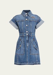 Alexander McQueen Denim Buttoned Mini Dress with Crystal Brooch