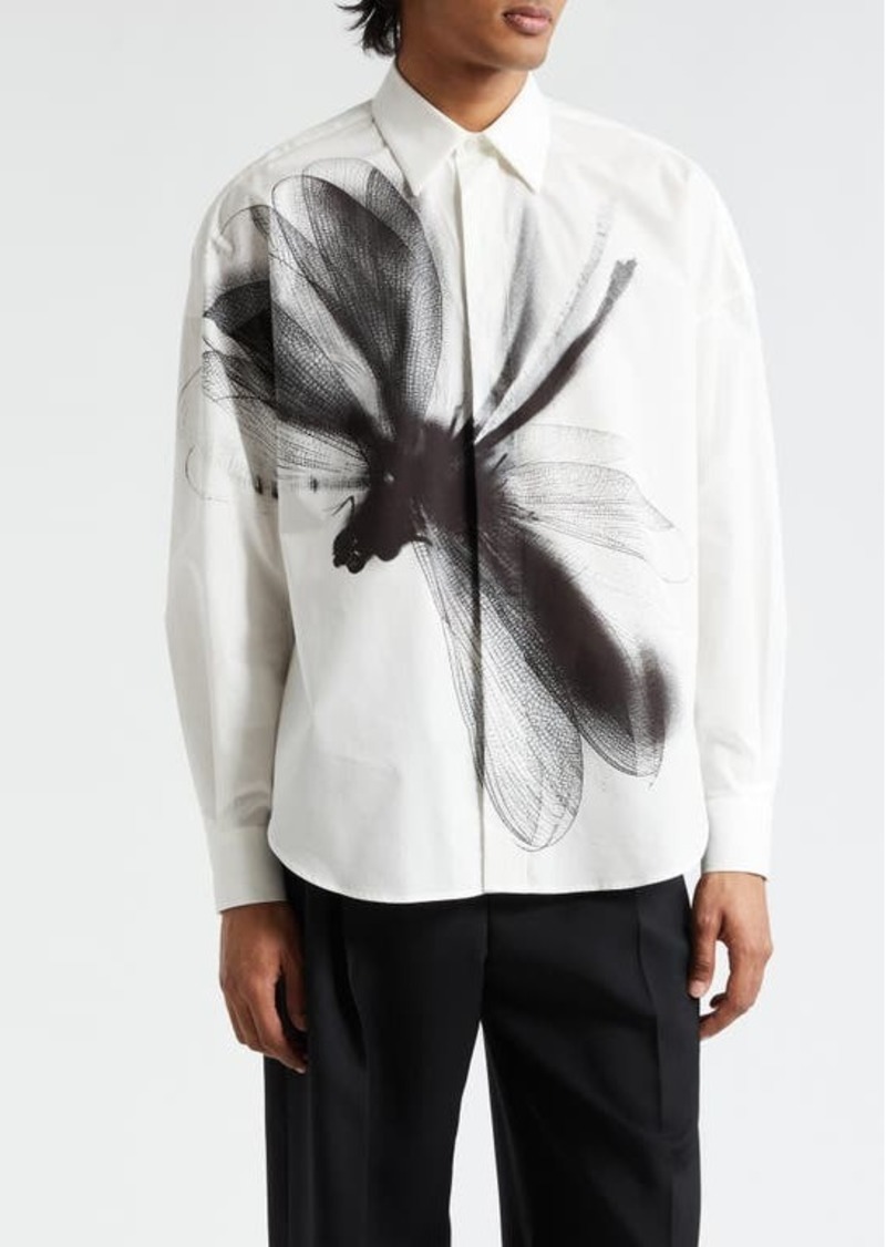 Alexander McQueen Dragonfly Print Long Sleeve Cotton Button-Up Shirt