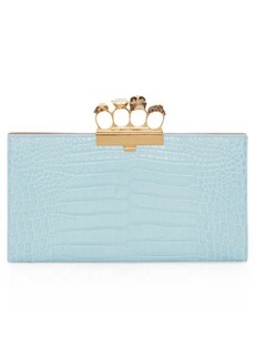 Alexander McQueen Four-Ring Knuckle Clasp Croc Embossed Leather Clutch in Pale Blue at Nordstrom