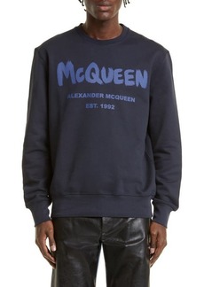 Alexander McQueen Graffiti Logo Cotton Sweatshirt in Navy/Cobalt at Nordstrom