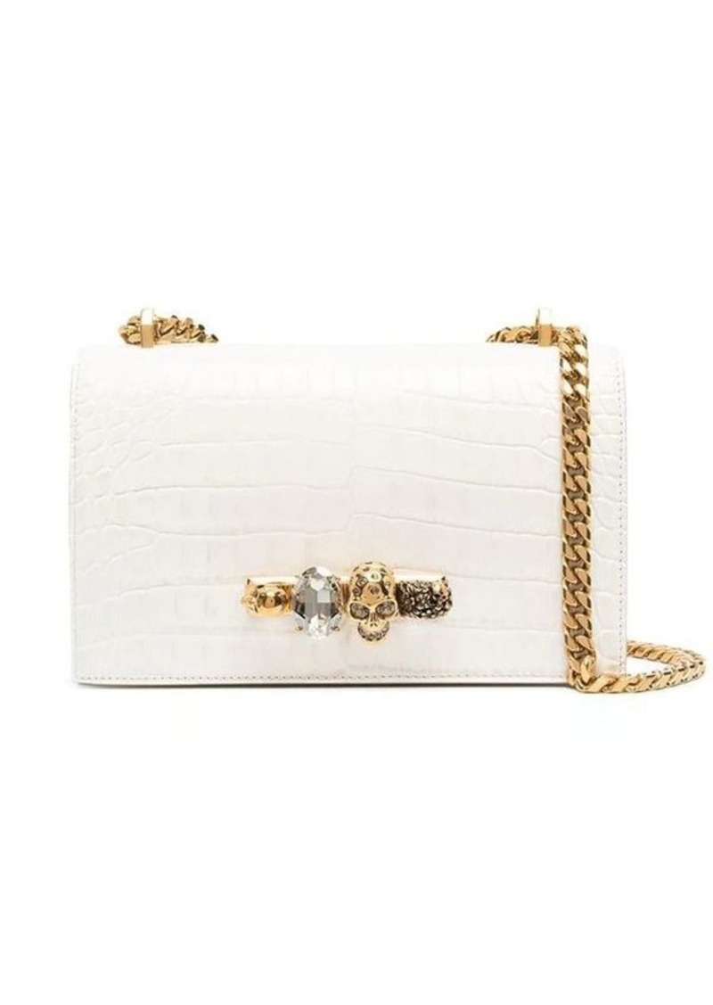 ALEXANDER MCQUEEN Ivory And Golden Jewelled Satchel Bag In Crocodile-Effect Leather