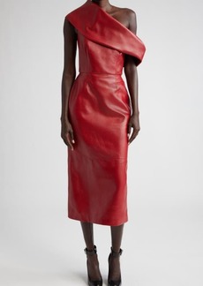 Alexander McQueen One-Shoulder Draped Leather Midi Dress