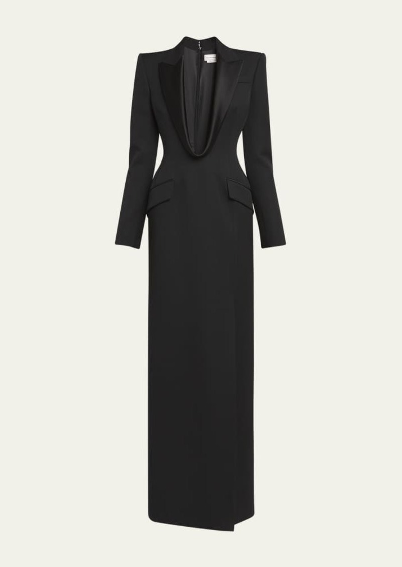 Alexander McQueen Plunging Tuxedo Blazer Wool Column Gown