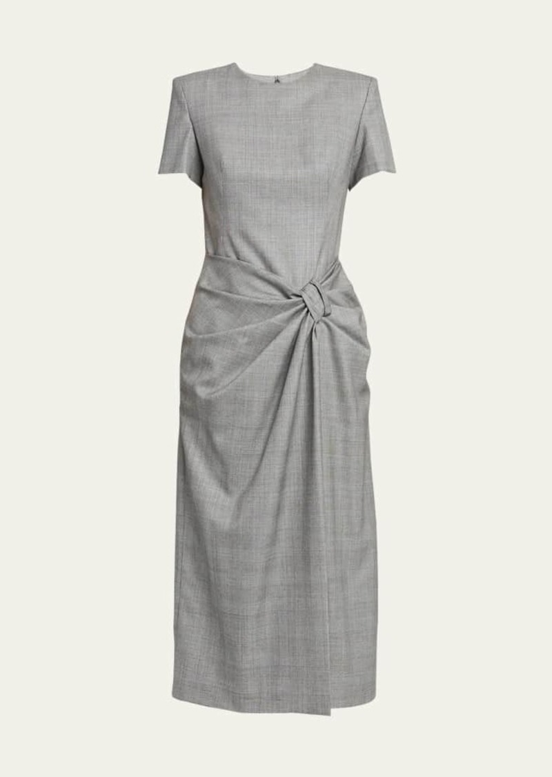 Alexander McQueen Prince of Wales Ruched Waist Wool Midi Dress