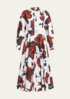 Alexander McQueen Rose Print Fit-Flare Poplin Midi Shirtdress