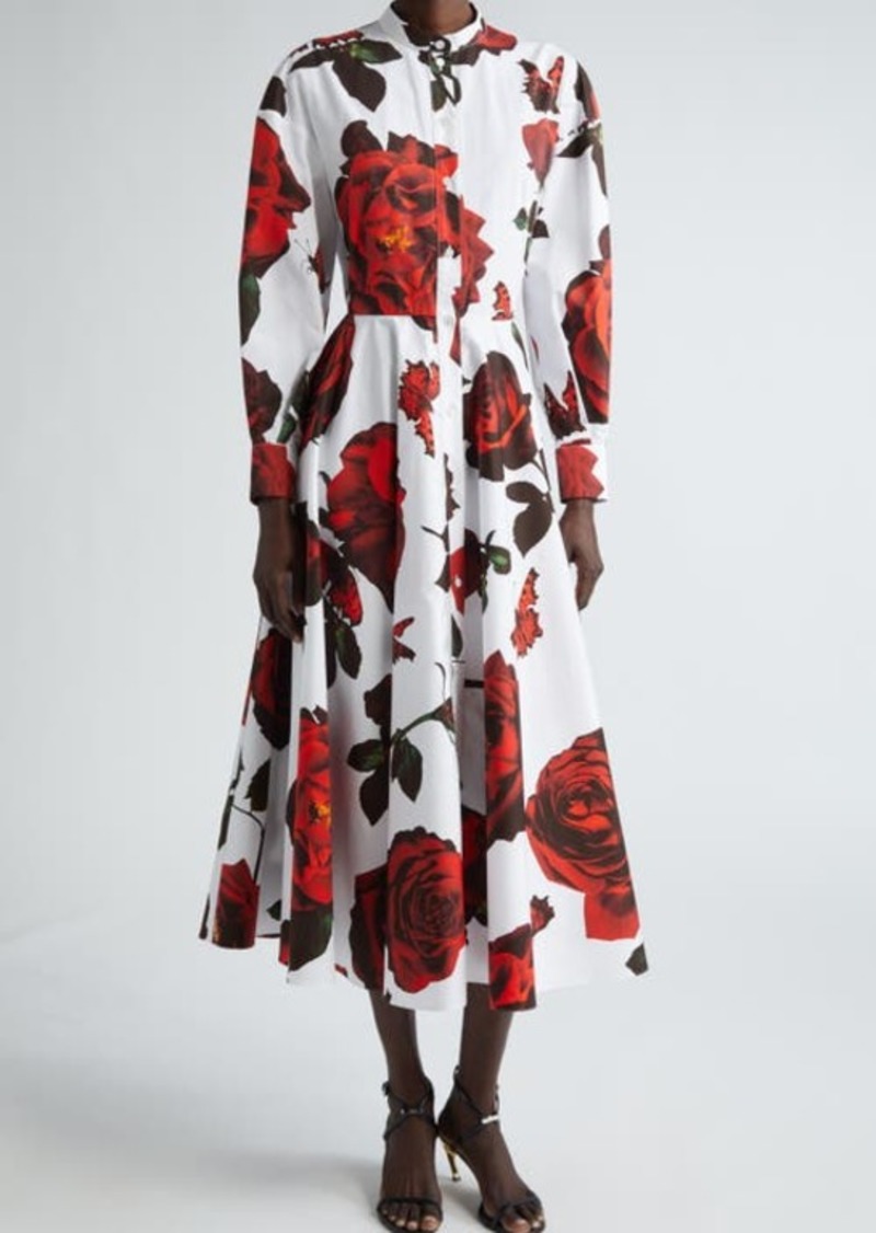 Alexander McQueen Rose Print Long Sleeve Cotton Shirtdress