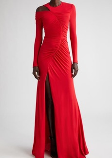 Alexander McQueen Ruched Asymmetric Long Sleeve Jersey Gown
