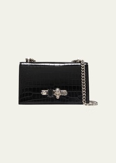 Alexander McQueen Shiny Croc-Embossed Jeweled Shoulder Bag