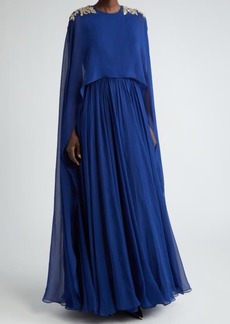 Alexander McQueen Strapless Silk Chiffon Gown with Embellished Cape Overlay
