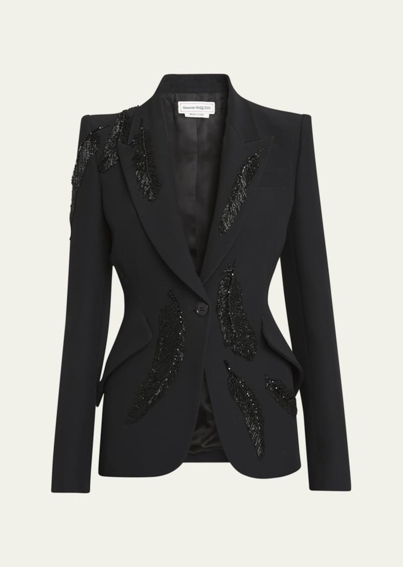 Alexander McQueen Tailored Blazer Jacket with Beaded Feather Embroidery