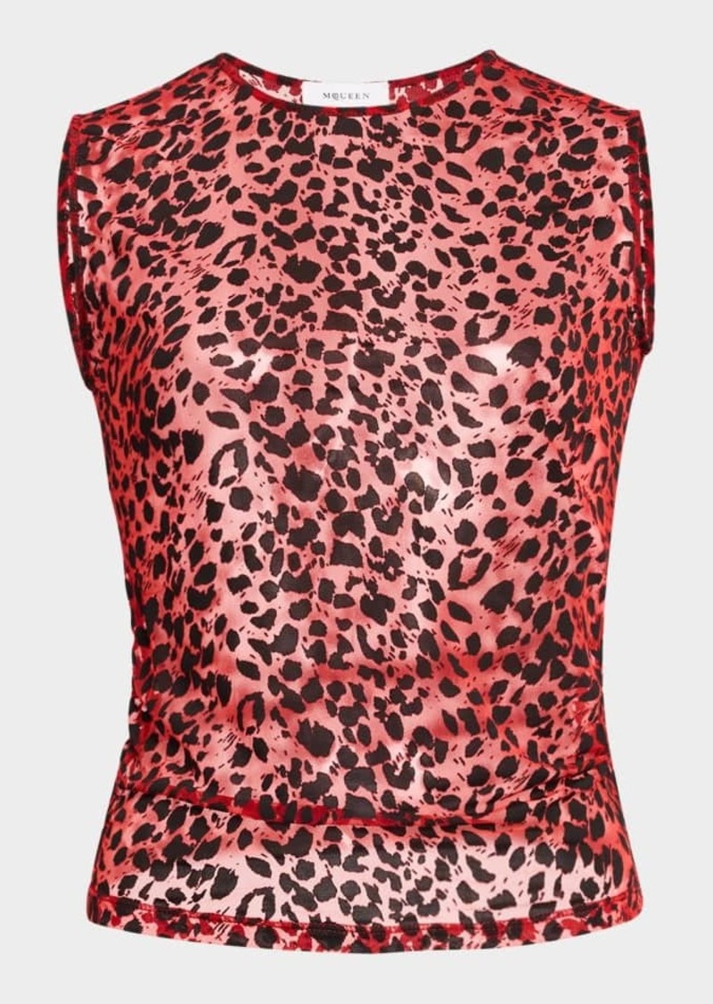 Alexander McQueen Flocked Leopard Mesh Sleeveless Top